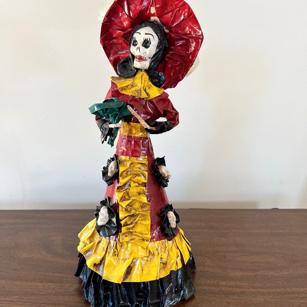 Mexican Folk Art Paper Mache La Catrina Skeleton Doll Day of the Dead Red Yellow